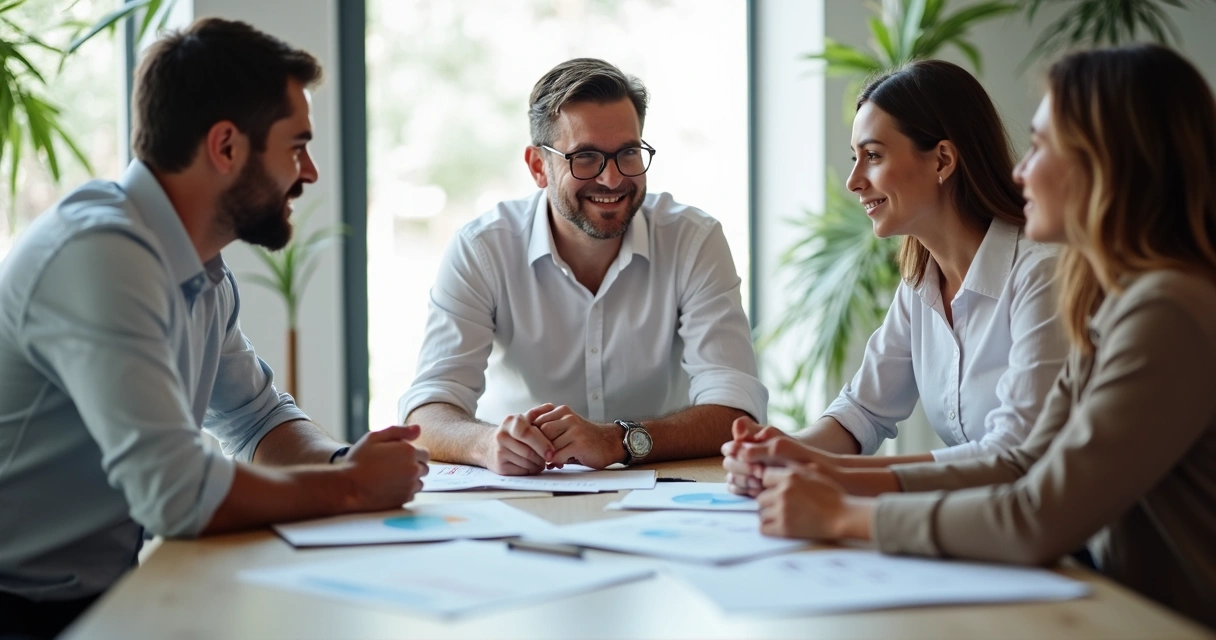Reunião de empresa com o dono explicando papéis ao novo colaborador. 