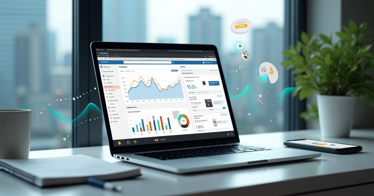 Afiliado analisando campanha de Google Ads no notebook com gráficos de vendas em alta 