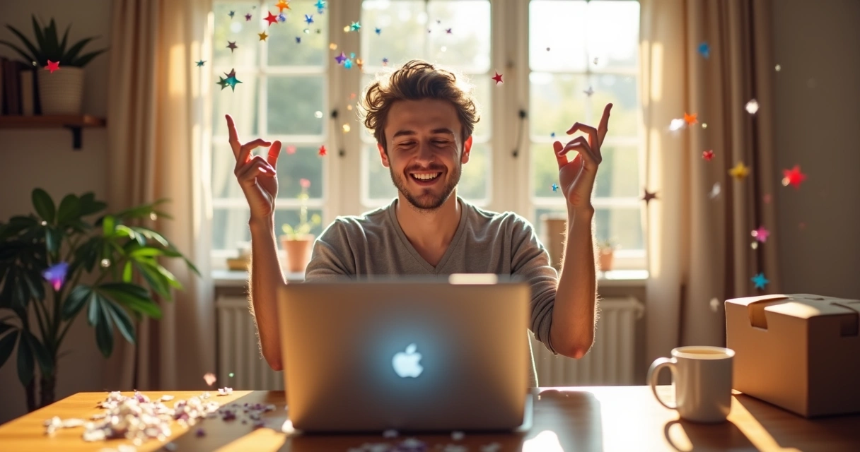 Pessoa comemorando a primeira venda pelo computador