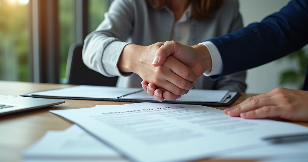 Pessoa apertando a mão do dono de uma PME ao fechar o primeiro contrato de assinatura 