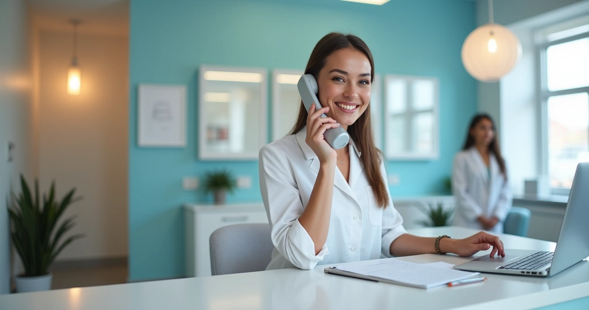 Recepcionista de clínica odontológica falando ao telefone sorrindo 