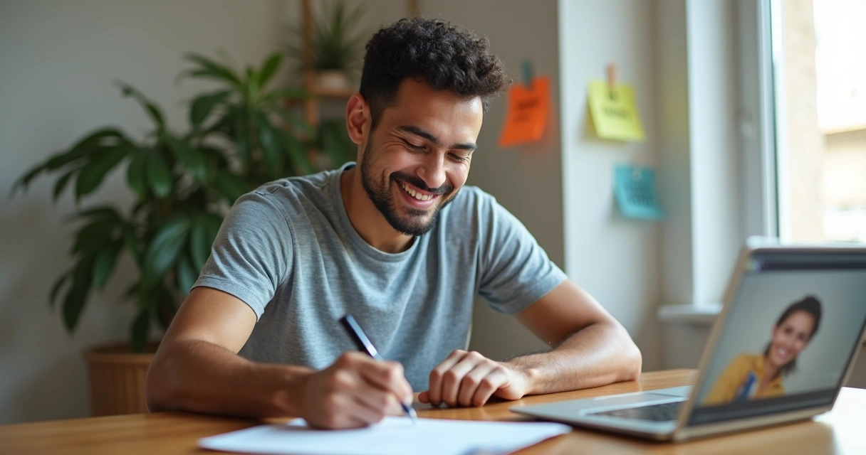 Homem feliz assinando contrato em casa 