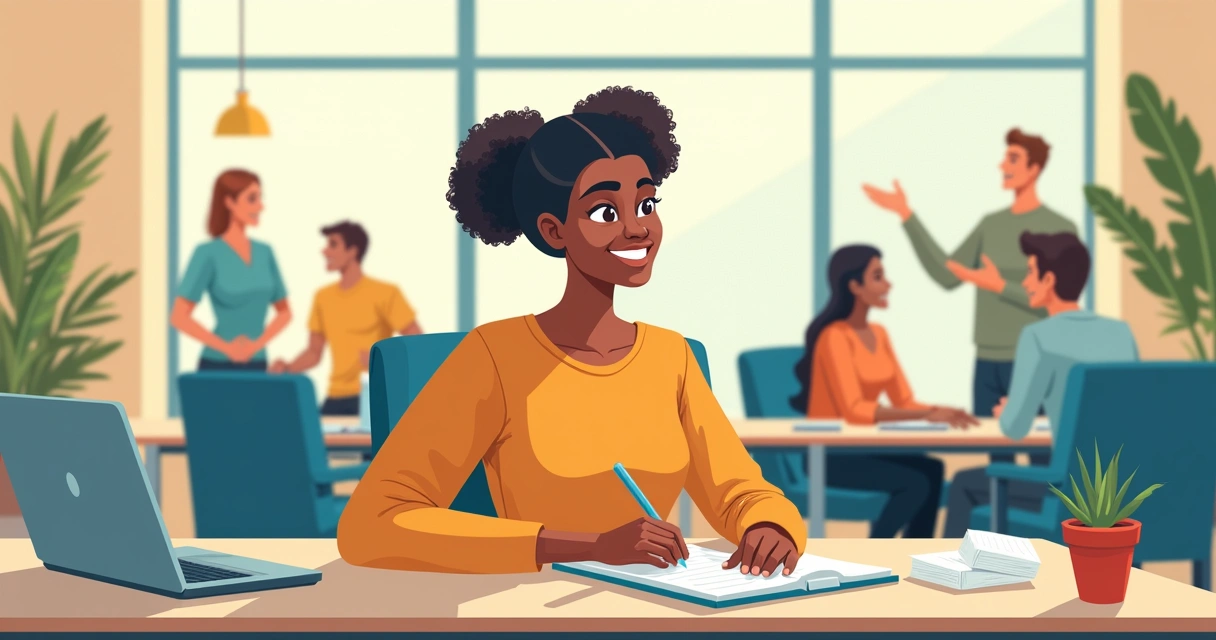 Pessoa autista sentada em uma mesa de escritório, com papéis diante de si, olhando levemente para o lado, enquanto colegas conversam ao fundo. 