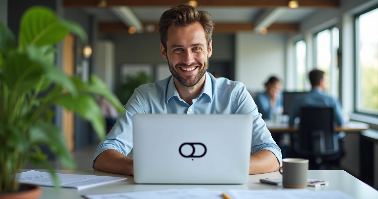 Colaborador sentado à mesa com computador e materiais informativos de onboarding 