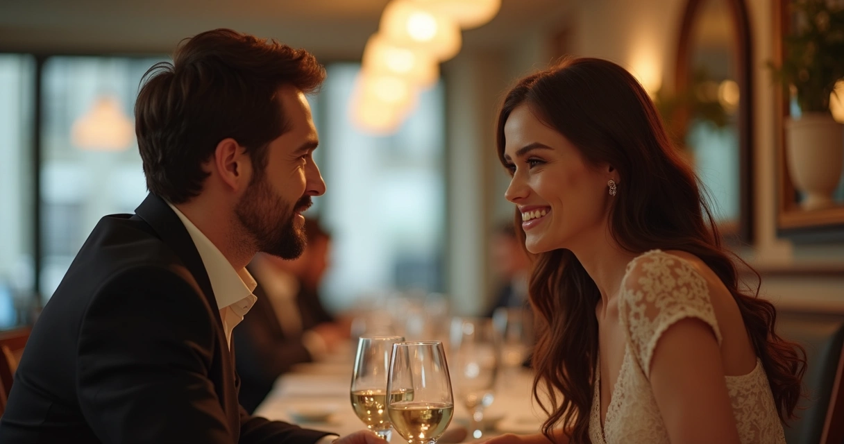 Casal em restaurante elegante, envoltos em conversa atenta