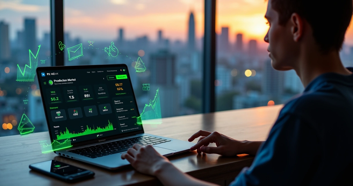 Tela de plataforma de mercado de previsão brasileira com gráficos em reais e ícones de eventos reais 