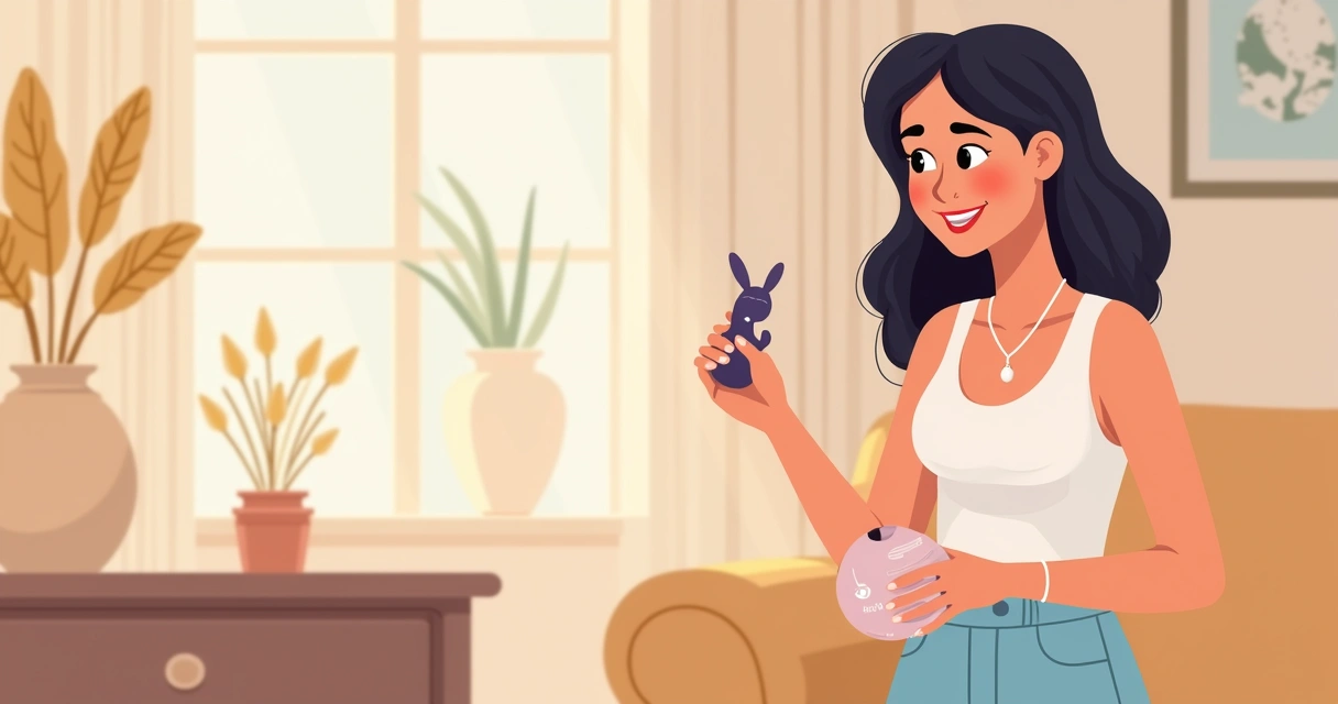 Mulher sorrindo segurando vibrador rabbit pequeno em ambiente seguro. 