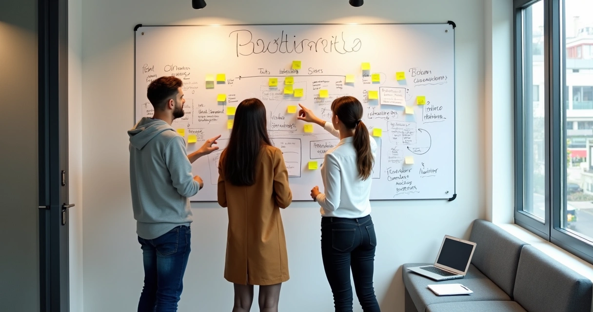 Quadro branco com tarefas, equipe pequena analisando tarefas 
