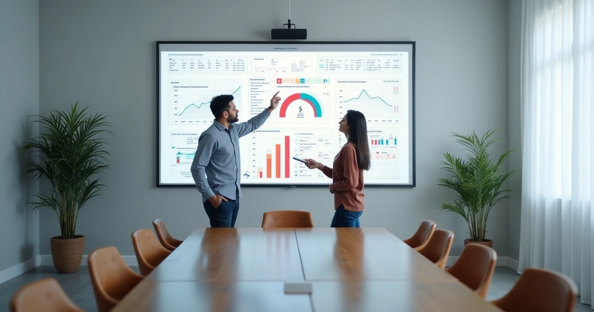 Duas pessoas analisando fluxo de trabalho digital em tela grande 
