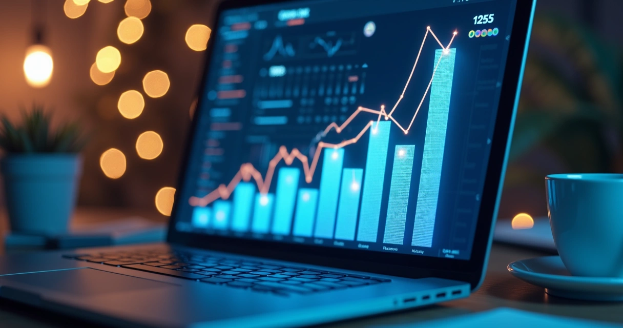 Representação gráfica dos primeiros resultados de uma agência digital, com gráficos subindo e clientes satisfeitos. 