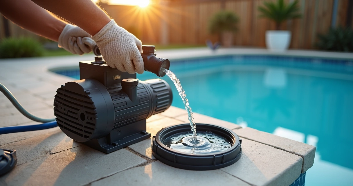Close-up of homeowner priming an in-ground pool pump at equipment pad 