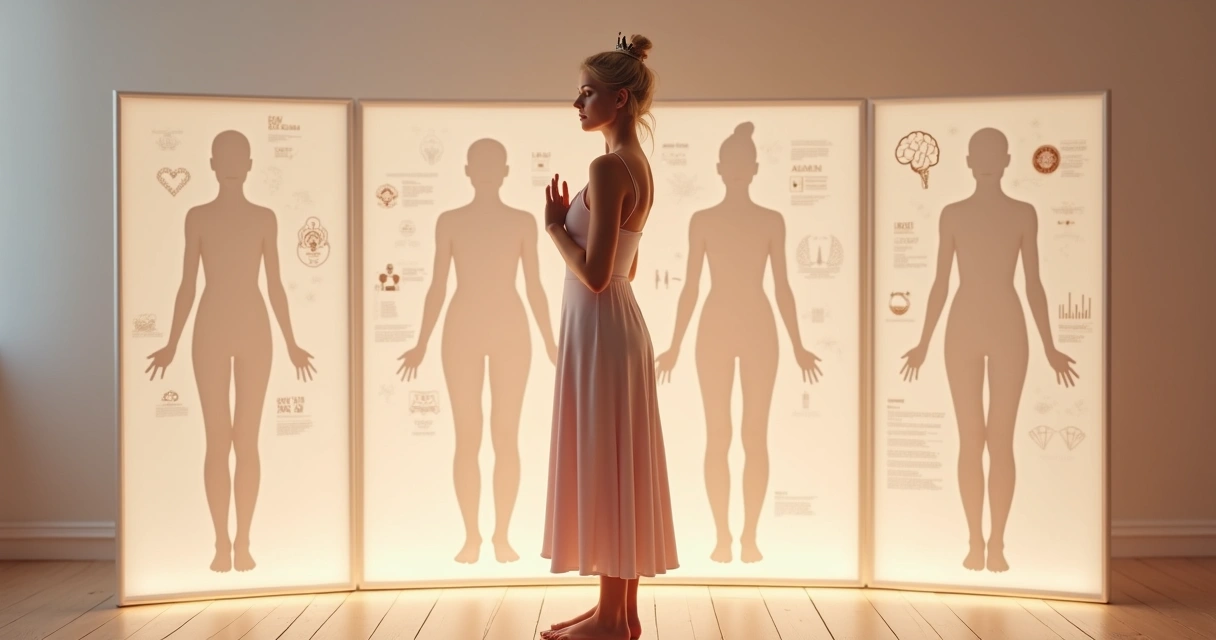 Mulher com coroa sutil se olhando em espelho com silhuetas do corpo ao fundo 