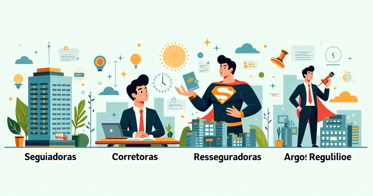 Ilustração dos principais participantes do mercado de seguros: seguradoras, corretoras, resseguradoras e órgãos reguladores.