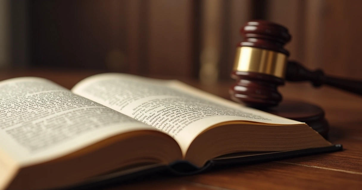 Livro aberto sobre mesa de madeira com martelo de juiz ao lado, simbolizando princípio jurídico in dubio pro reo 