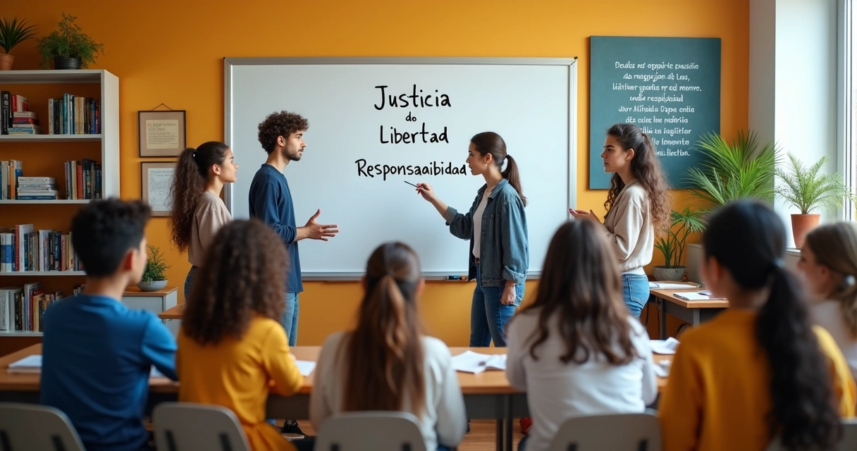 Adolescentes debatiendo frente a una pizarra con conceptos filosóficos escritos.