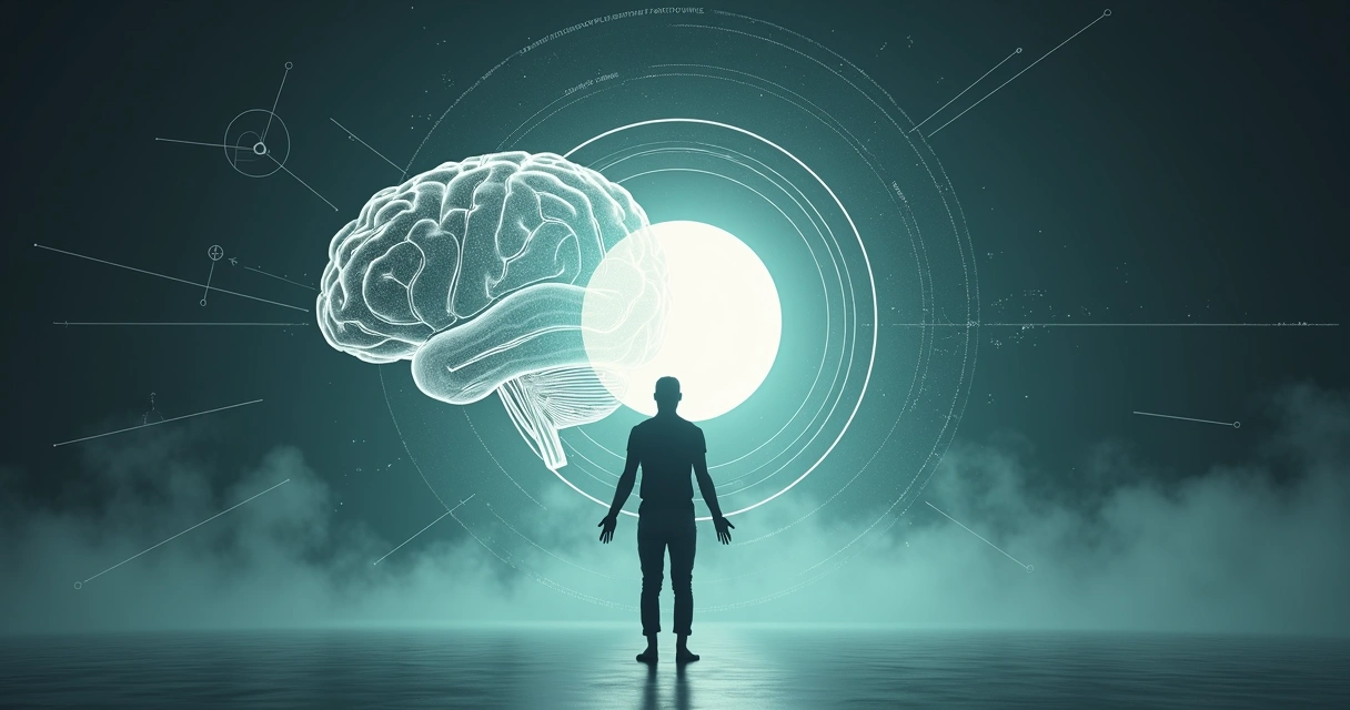 Silhueta humana em frente a formas geométricas interligadas representando consciência e integração de saberes 