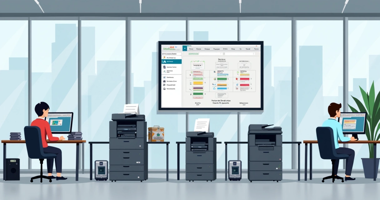 Office workspace with multiple printers, computers and employees