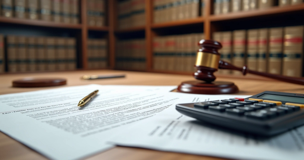 Documentos e contratos relacionados a imóveis de leilão sobre uma mesa de madeira clara, com um martelo de leiloeiro ao lado e uma calculadora. Fundo desfocado de prateleiras com livros de direito. 