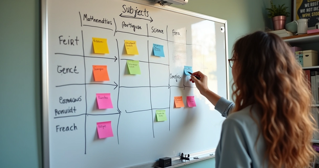 Quadro branco com matérias e prioridades marcadas 