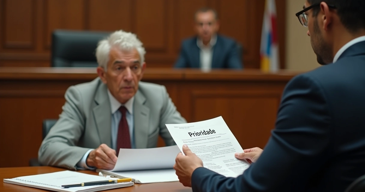 Juiz analisando documentos de herdeiro idoso para prioridade de precatório 