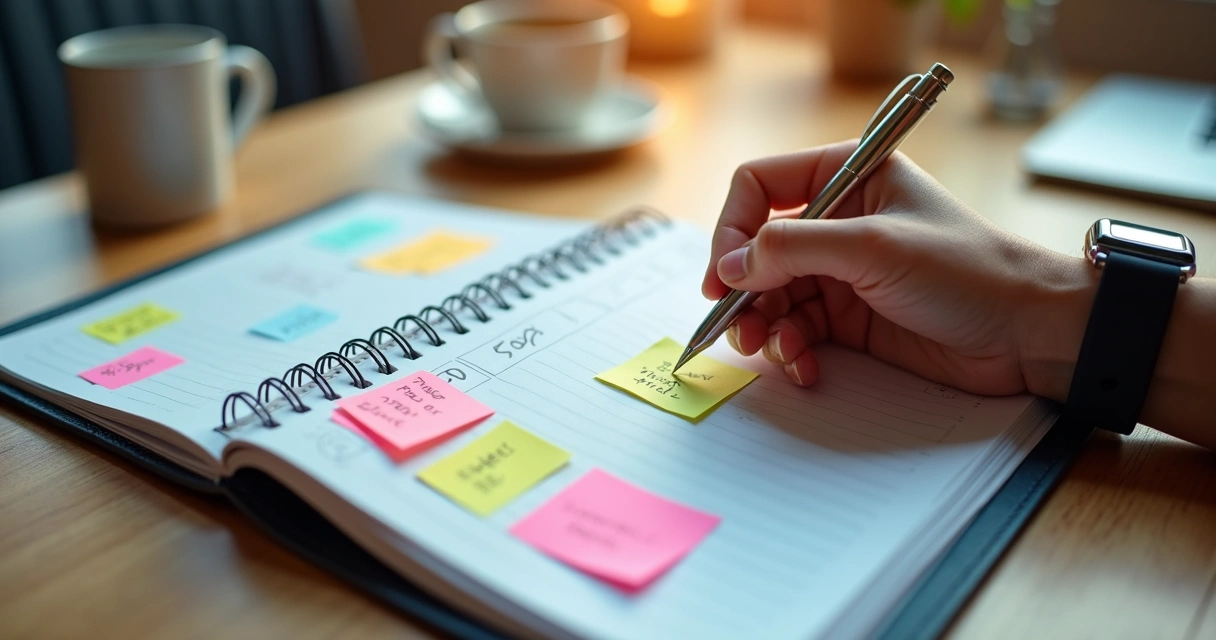 Agenda aberta com itens marcados por prioridade em post-its coloridos 