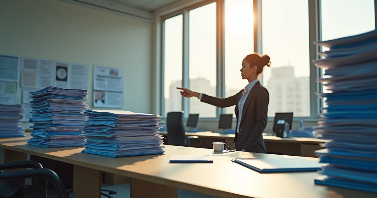 Pilhas de documentos em diferentes alturas simbolizando prioridades distintas
