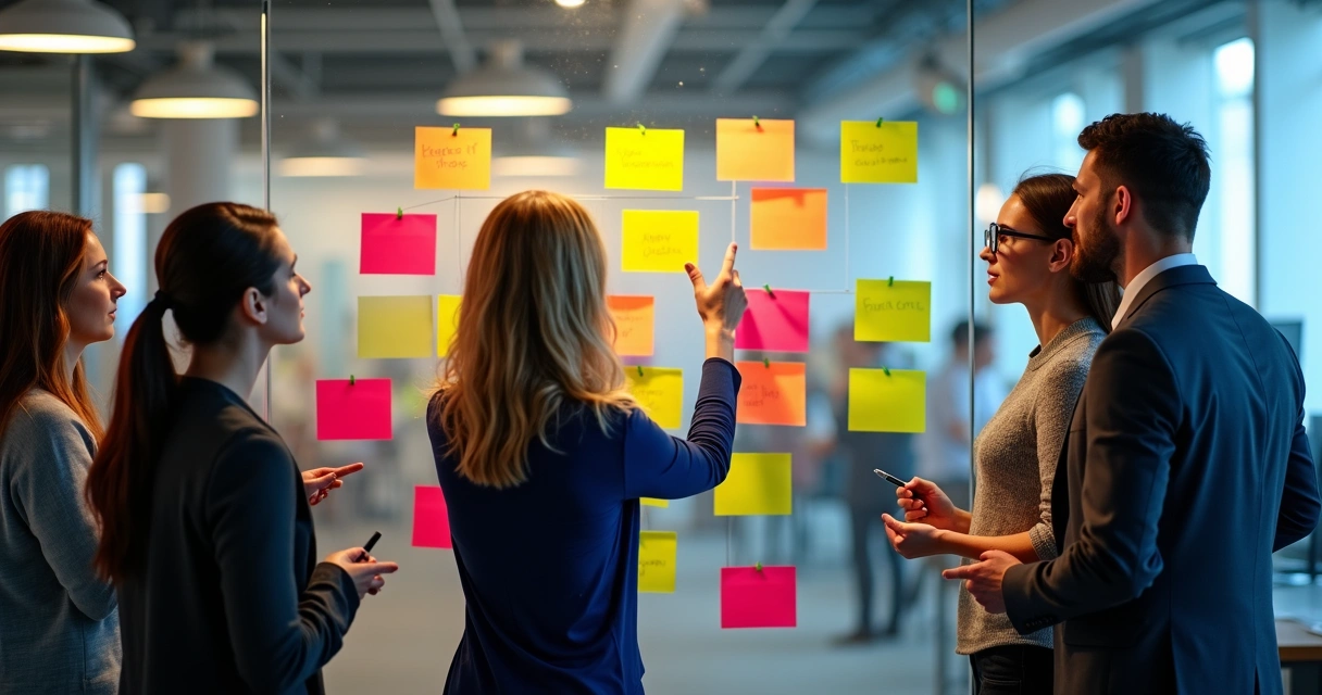 Equipe analisando post-its coloridos de prioridades colados numa parede 