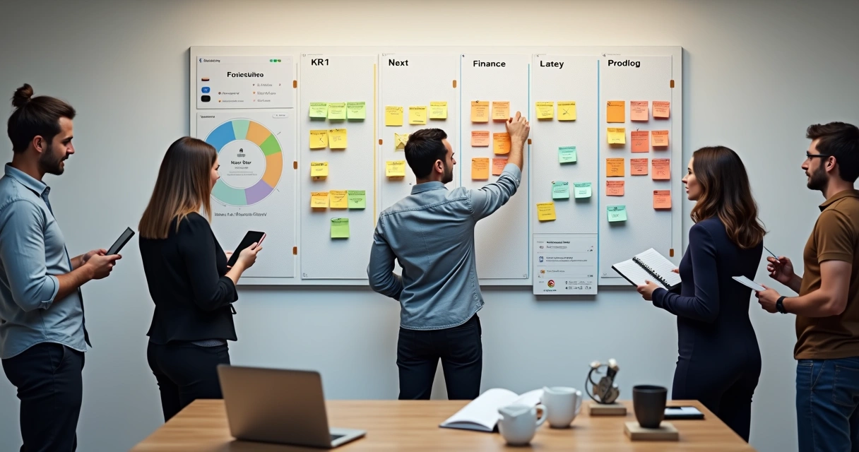 Gestor organiza prioridades da equipe em painel colorido com cartões e indicadores 