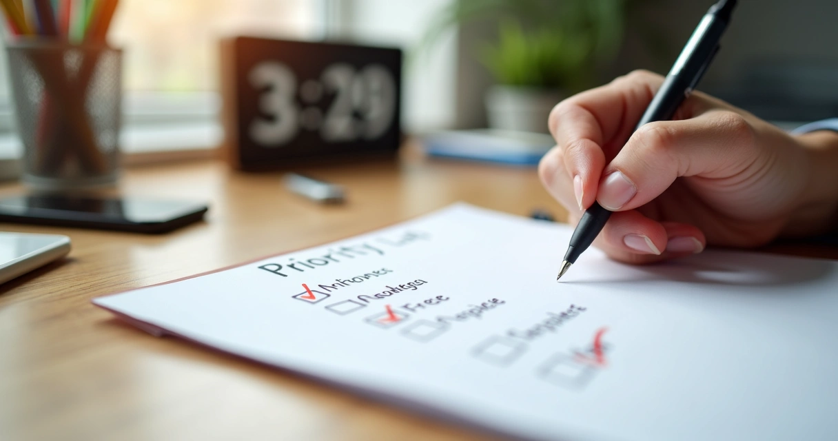 Mão de uma pessoa marcando prioridades em lista no papel 