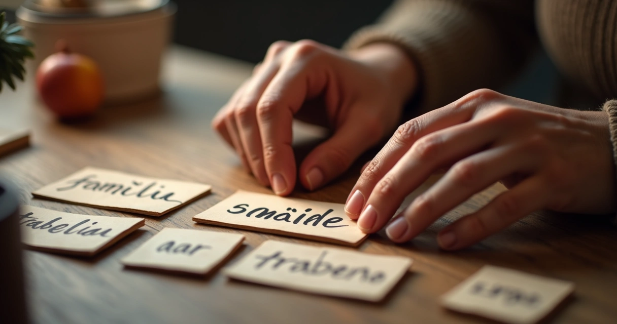 Mãos organizando cartões com palavras de valores e prioridades 