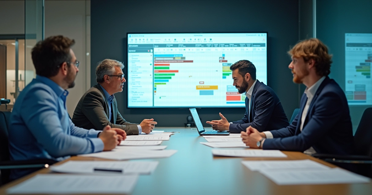 Gestores industriais discutindo a priorização de projetos CAPEX em uma reunião com gráficos e quadros brancos