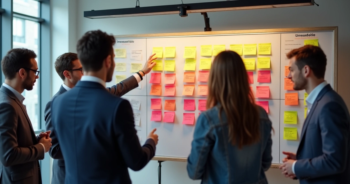 Sala de reunião com quadro Kanban, gestor apontando post-it em destaque, equipe alinhada sobre prioridade 