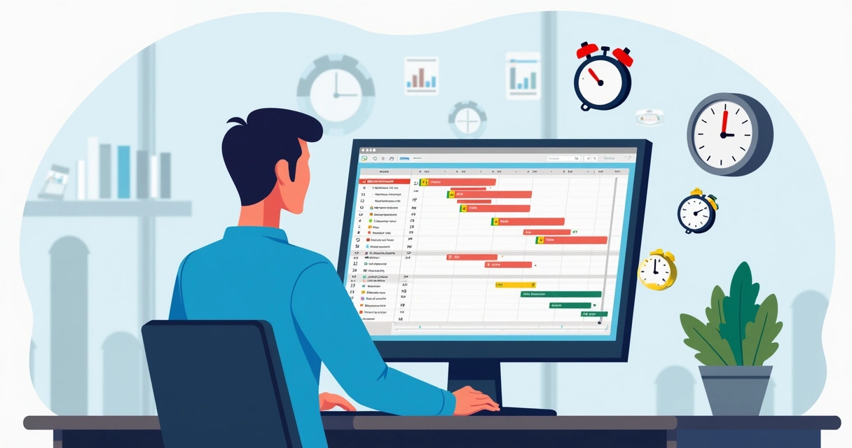 Ilustração corporativa plana mostrando gestor organizando tarefas urgentes no Microsoft Project com gráficos de prioridade e ícones de relógio e calendário 