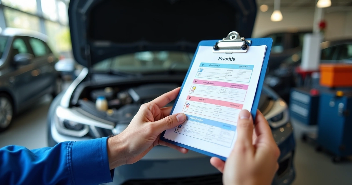 Checklist colorido em mãos de um técnico ao lado de um carro aberto
