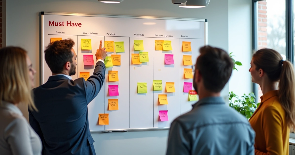 Quadro branco com matriz de priorização cheia de post-its coloridos sobre feedbacks de clientes 