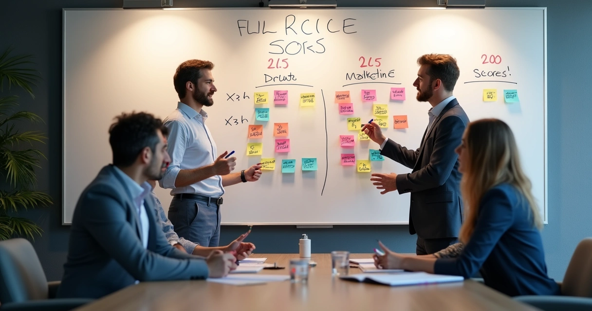 Quadro branco com tabelas de avaliação do método RICE, nomes de iniciativas de produto e marketing, e mãos usando canetas para anotar. 