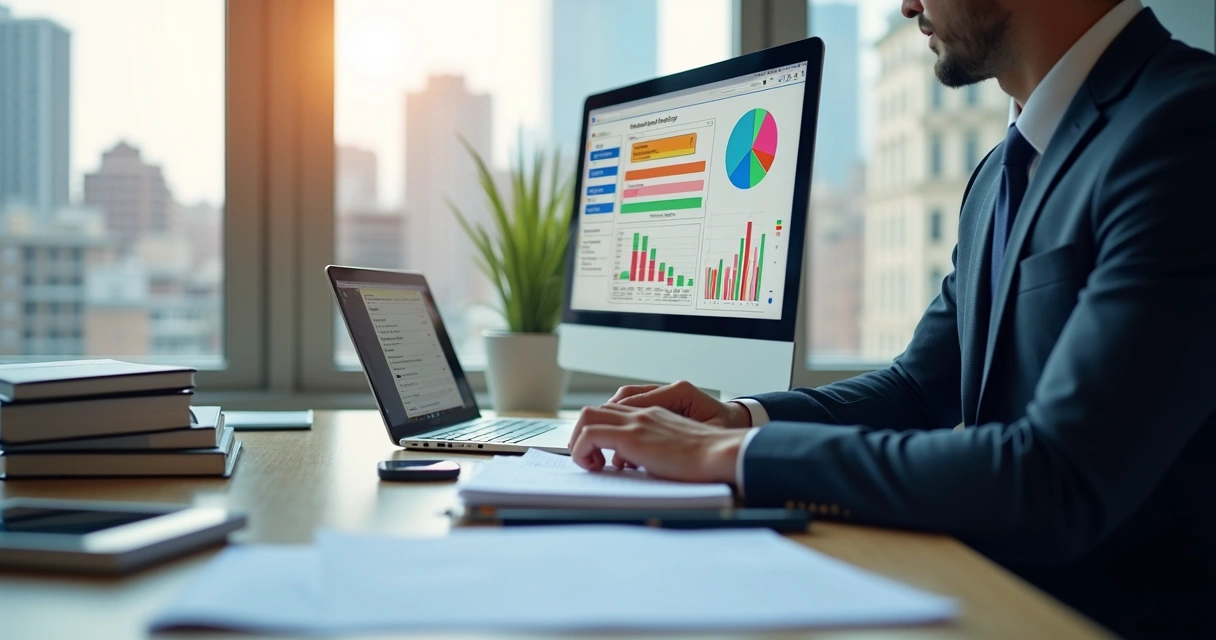 Advogado analisando gráficos e listas de leads em tela de computador com anotações de prioridades 