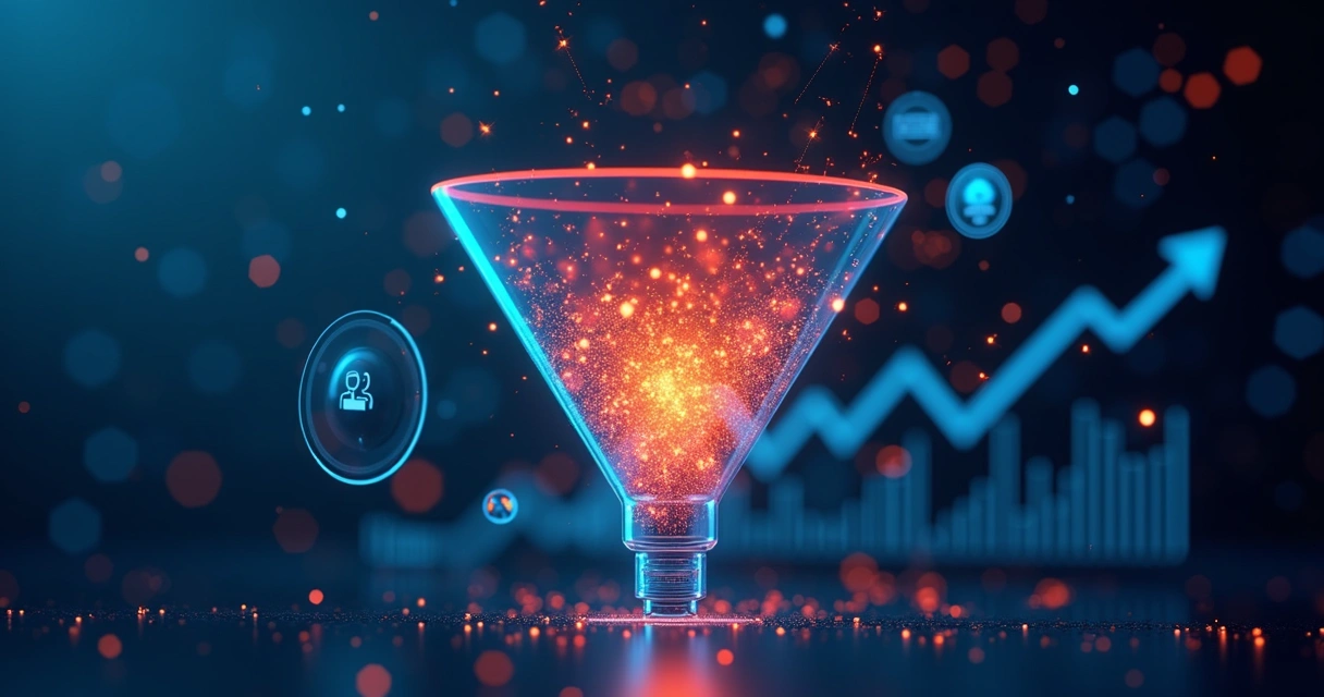 Representação digital detalhada de funil de vendas com indicadores e gráficos destacando oportunidades quentes em cores vibrantes 