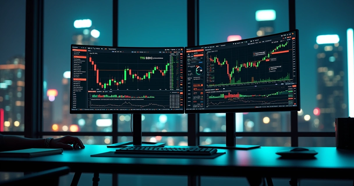 Tela com trader analisando pares de criptomoedas em gráficos coloridos 