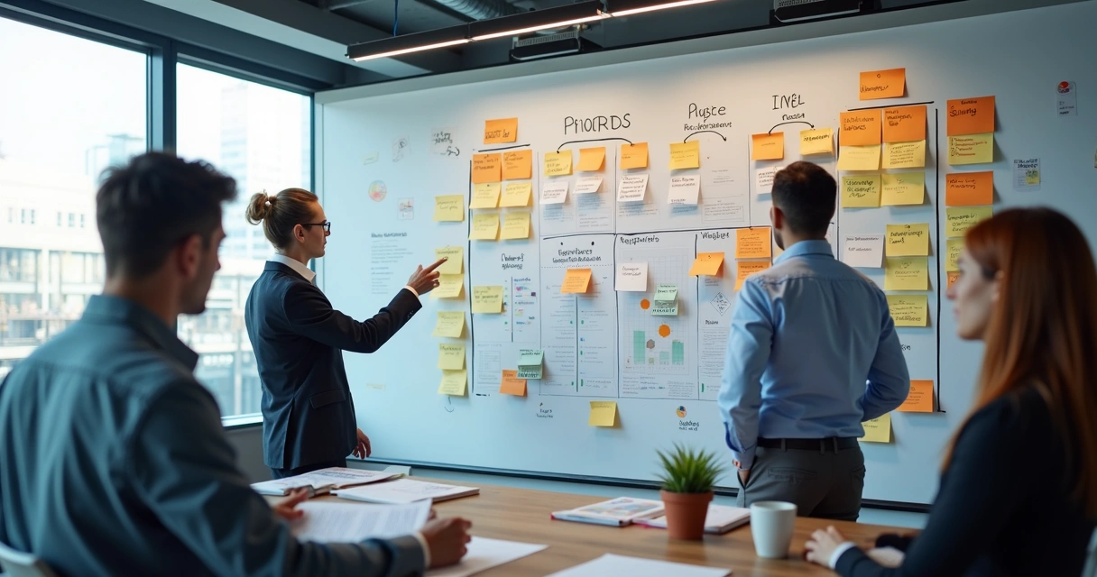 Quadro branco com equipes priorizando projetos de investimento 