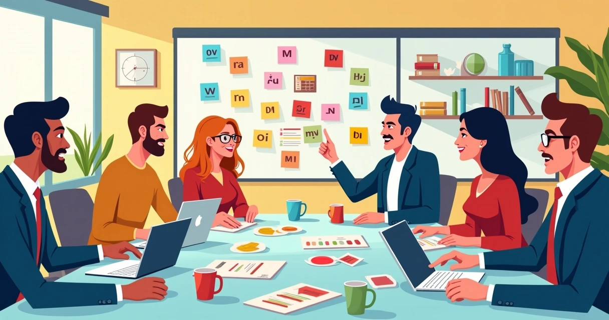 Ilustração colorida de uma equipe em reunião, usando post-its com as letras M, S, C e W para organizar tarefas e priorizar projetos 