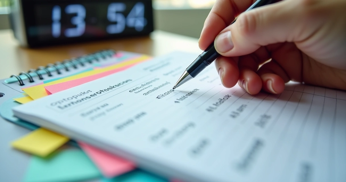 Agenda aberta com lista de tarefas e marcações em destaque 