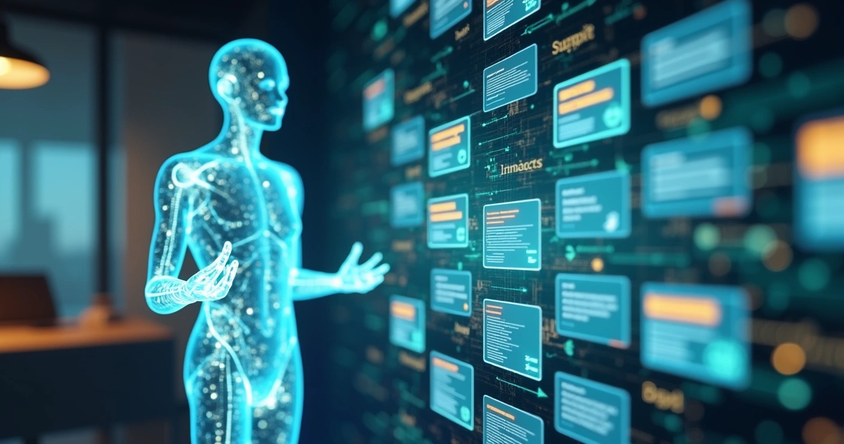 Assistente digital analisando lista de tarefas em tela holográfica 