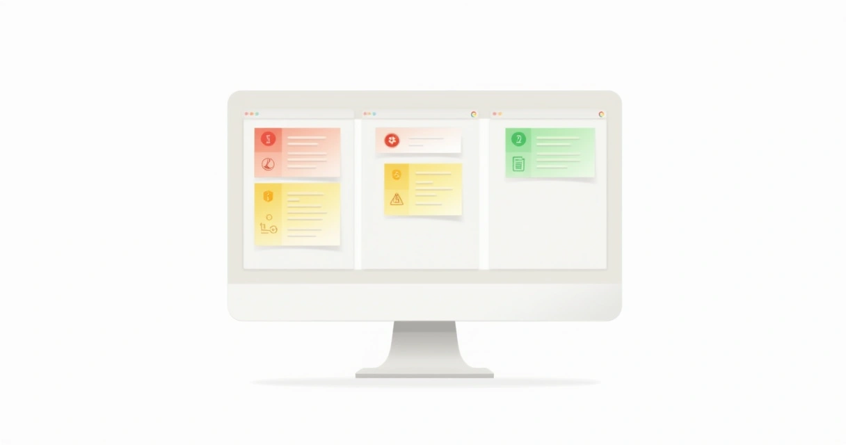 Quadro kanban digital colorido com tarefas marcadas em diferentes níveis de prioridade 