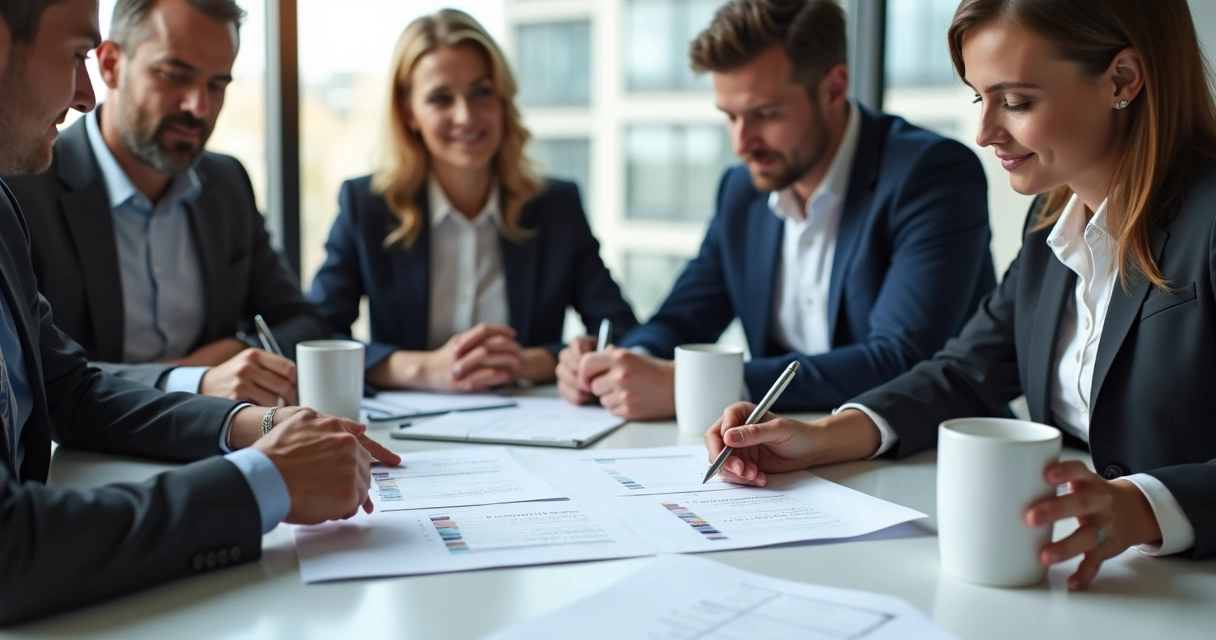 Equipe de vendas analisando lista de contatos em uma mesa 