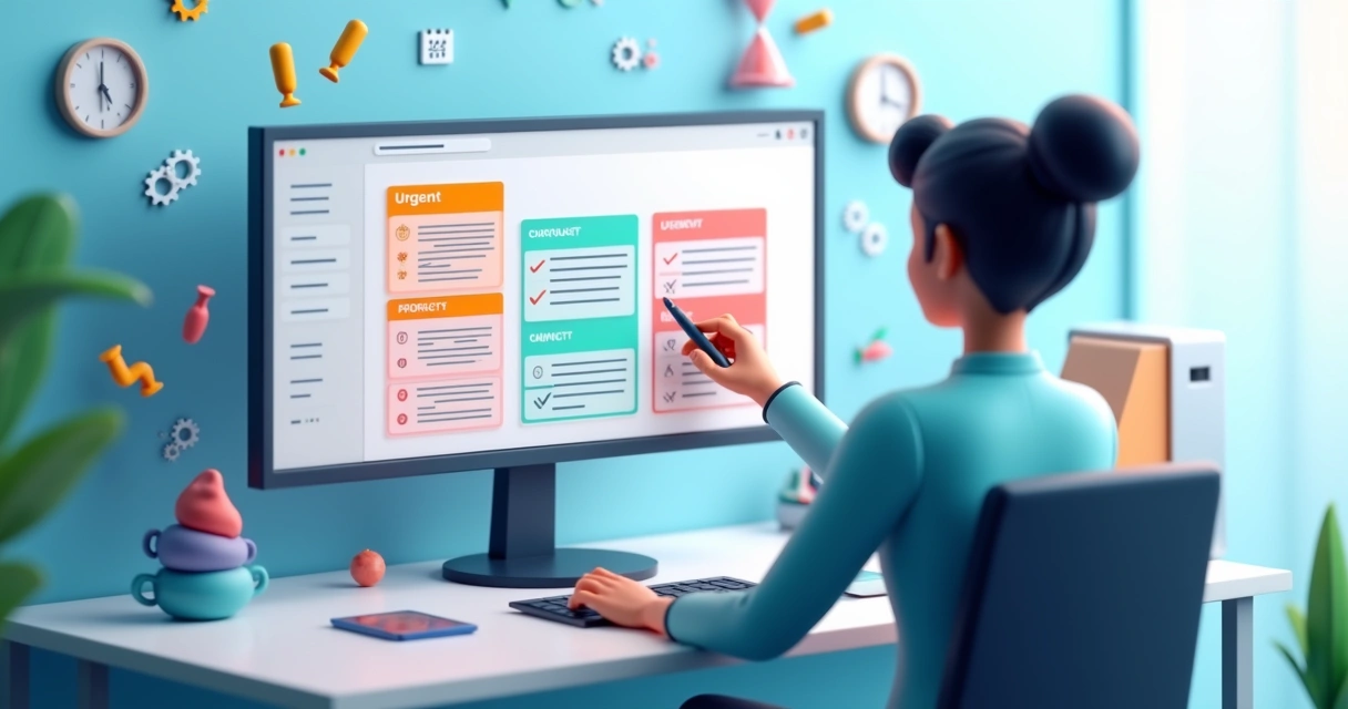 Gestor organizando tarefas urgentes em painel digital colorido 