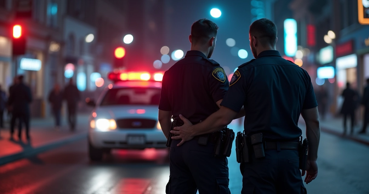 Policial efetuando prisão em flagrante durante abordagem em rua urbana à noite 