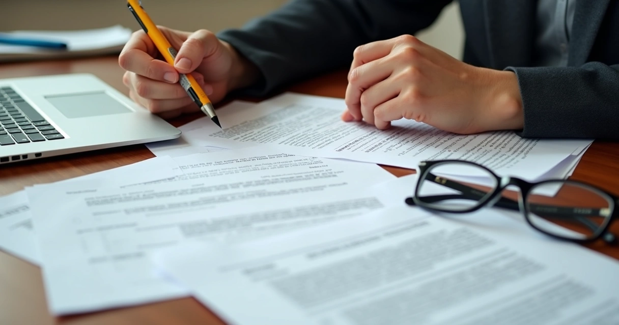 Documentos jurídicos empilhados com mãos humanas analisando papéis em uma mesa de madeira 