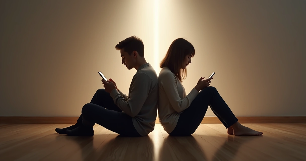 Dos personas sentadas espalda con espalda usando sus móviles 