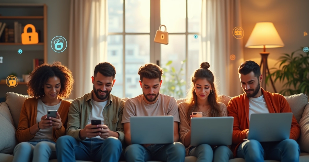 Personas interactuando con diversos dispositivos digitales en un entorno moderno 